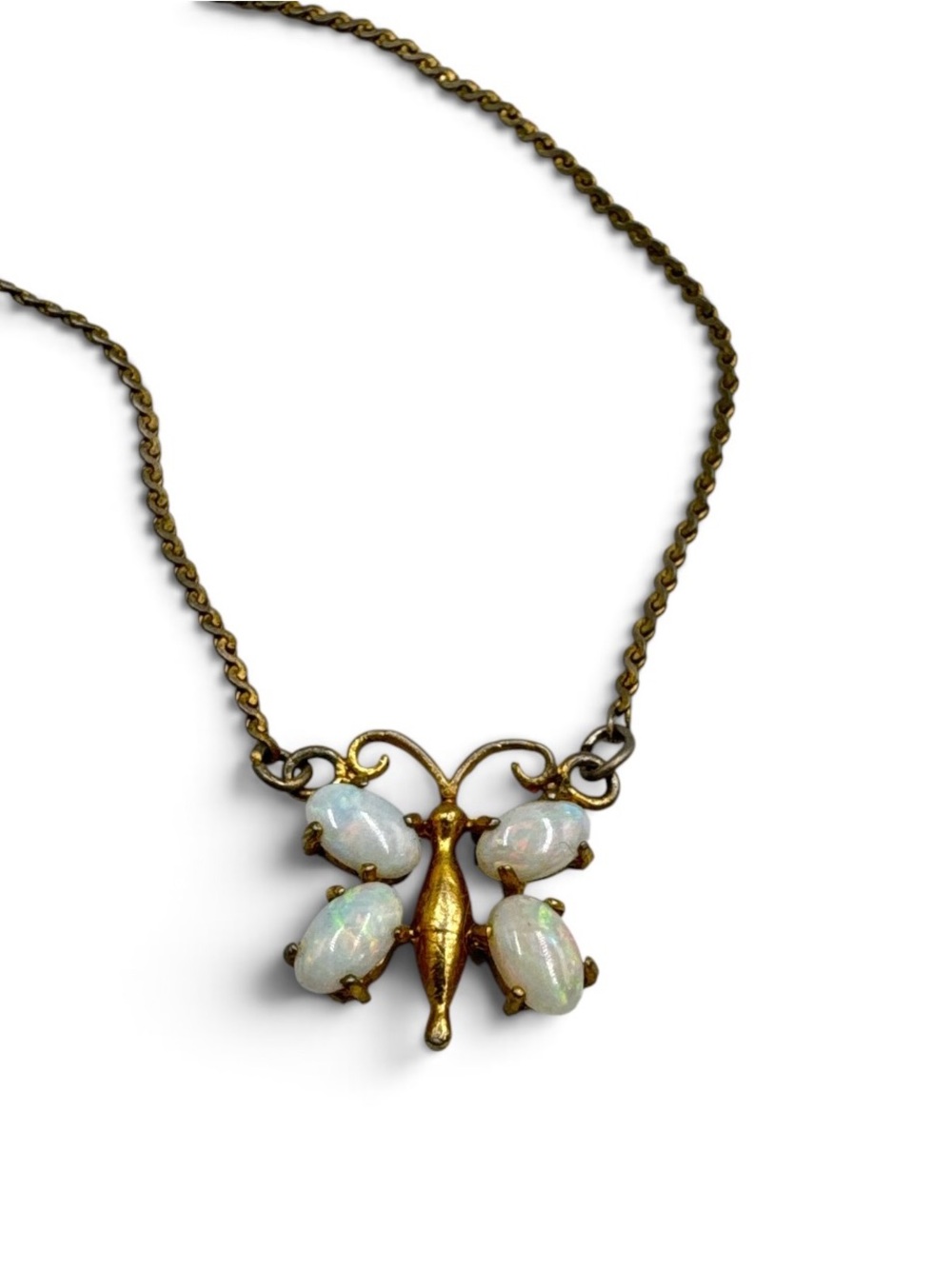 Vintage Fairycore Gold Tone Opal Butterfly Insect Pendant Choker Necklace 16”